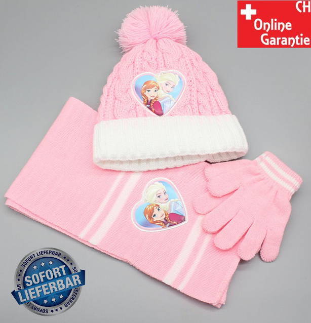 Disney Die Eiskönigin Set Mütze Schal Handschuhe für Mädchen Rosa Pink Anna & Elsa Warm Winter