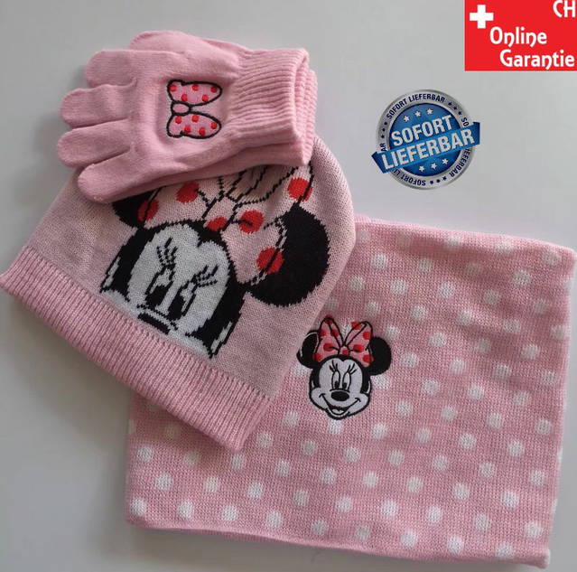 Disney Minnie Maus Mütze Cap Beanie Cap Kappe Mütze Wintermütze Handschuhe Schal Mädchen Set Pink Rosa