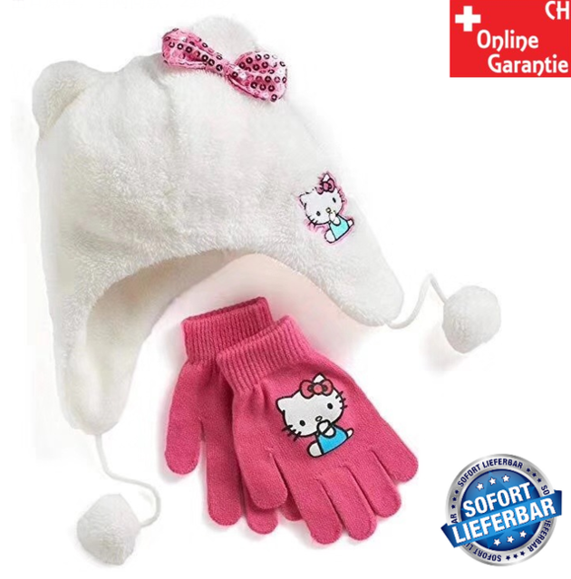 Hello Kitty Hellokitty Katze HK Winter Set Kappe Mtze Cap Beanie Wintermtze Winterkappe Handschuhe Handschuh Kleidung Outdoor Fan Mdchen Girl