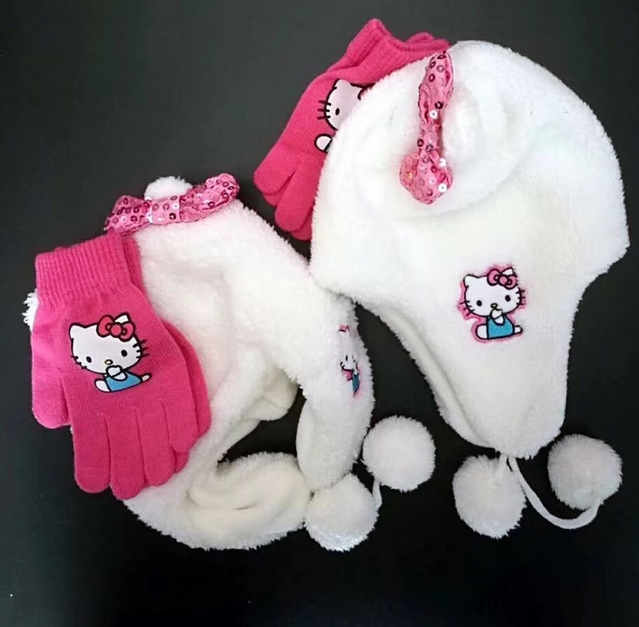 Hello Kitty Hellokitty Katze HK Winter Set Kappe Mtze Cap Beanie Wintermtze Winterkappe Handschuhe Handschuh Kleidung Outdoor Fan Mdchen Girl