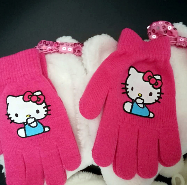 Hello Kitty Hellokitty Katze HK Winter Set Kappe Mtze Cap Beanie Wintermtze Winterkappe Handschuhe Handschuh Kleidung Outdoor Fan Mdchen Girl