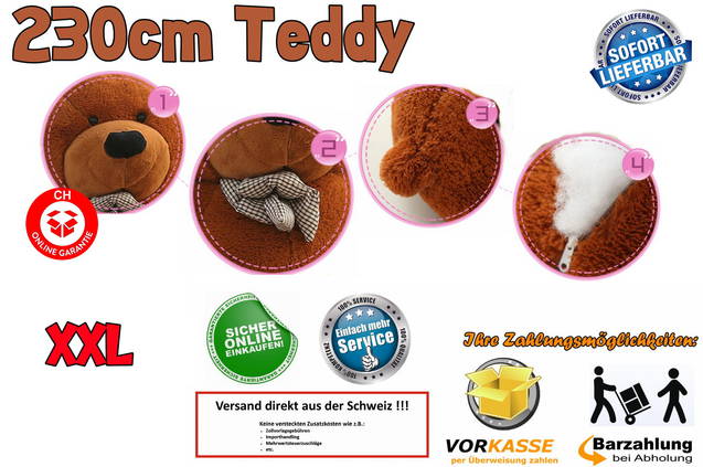 Mega XXL 230cm Teddy Teddybär Plüschbär Geschenk Kinder Frauen Kuschel Bär Kuschelbär Plüschtier XXL Schweiz