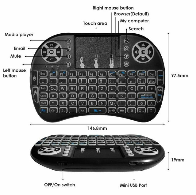 Mini 2.4GHz Wireless Tastatur CH DE Tastaturlayout QWERTZ Keyboard Touchpad Apple iPad macOS Android Tablet TV SmartTV Smartphone Handy PC Notebook