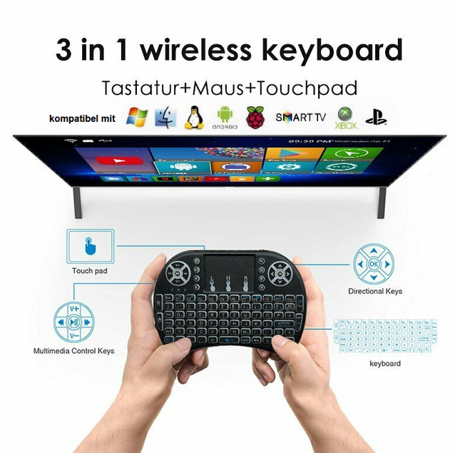 Mini 2.4GHz Wireless Tastatur CH DE Tastaturlayout QWERTZ Keyboard Touchpad Apple iPad macOS Android Tablet TV SmartTV Smartphone Handy PC Notebook