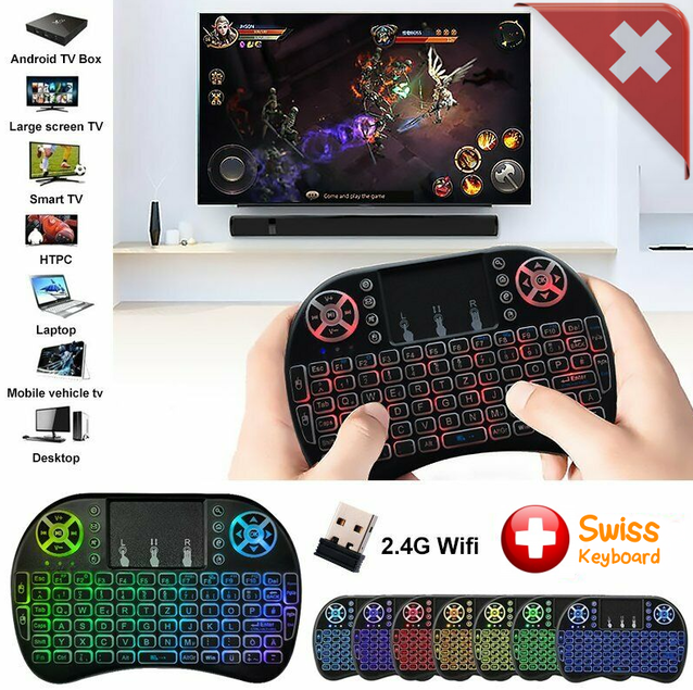 Mini Funk Tastatur Schweiz QWERTZ Keyboard Wireless 2.4 GHZ TV Smartphone Android iOS Hintergrundbeleuchtung Wireless