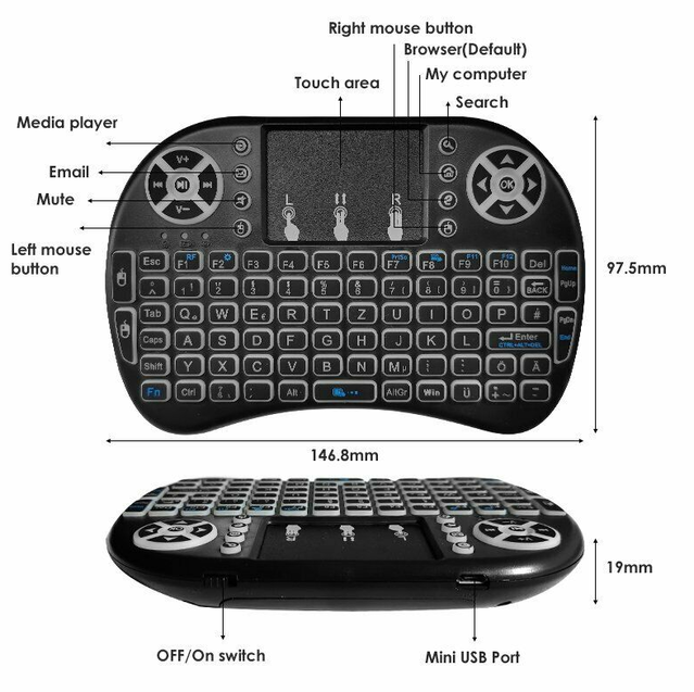 Mini Funk Tastatur Schweiz QWERTZ Keyboard Wireless 2.4 GHZ TV Smartphone Android iOS Hintergrundbeleuchtung Wireless