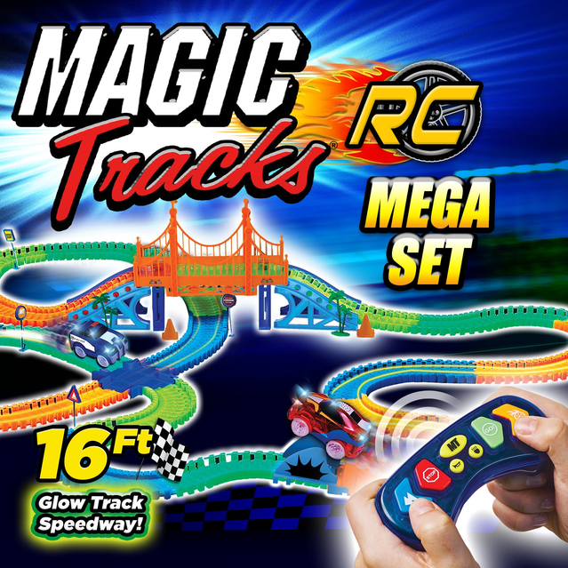 Ontel Magic Tracks Mega RC mit 2 ferngesteuerten Turbo Rennwagen und 4,8 m flexibel biegbar leuchtet im Dunkeln Spielzeug Auto Ferngesteuert LED Rennbahn