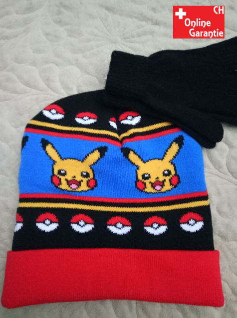 Pokemon Pikachu Wintermütze Beanie Cap Mütze Kappe Handschuh Handschuhe Fan Set Winter Fan Kleidung Pokémon Kleider Kind Kinder