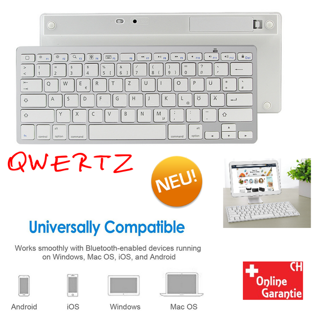 Universal Bluetooth 3.0 Tastatur Keyboard Batteriebetrieben Weiss Tablet Handy Computer QWERTZ iPad iOS Android