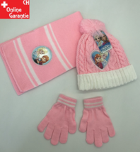 Disney Die Eiskönigin Frozen Mädchen Mütze, Schal und Handschuhe Set, Wintermützen für Kinder mit Anna und Elsa, warm, bequem, Bommelmütze Weihnachtsgeschenk für Mädchen Rosa Pink